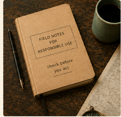 A field notes notebook for responsible AI use on a desk beside a pen, map, compass, and coffee.